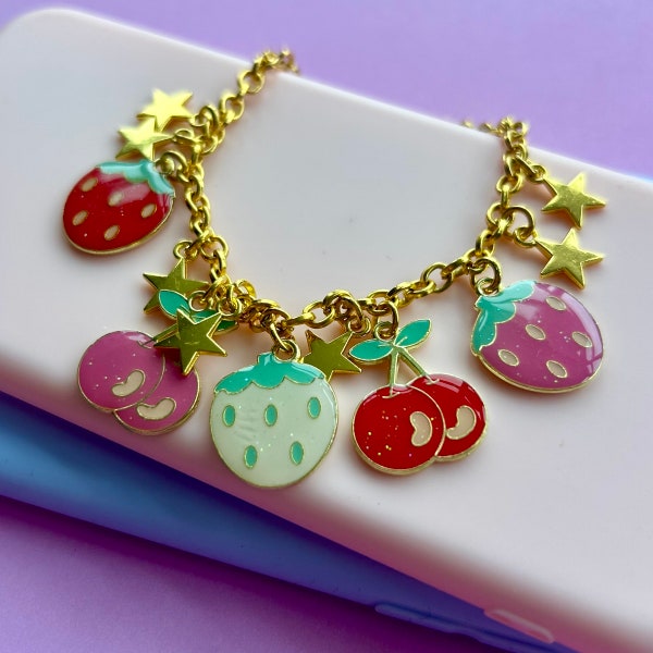 Kawaii fruity charm bracelet, cherry blossom cottagecore fairy teen girl gift, japanese wrist chain, summer festival friendship jewelry