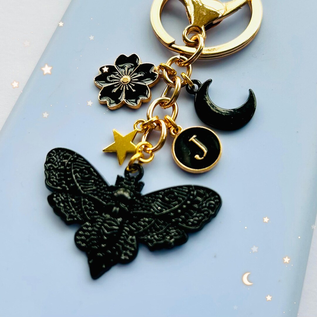 Black Skull Moon Moth Keychain, Celestial Personalised Goth Gift ...