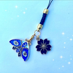 Japanese sakura blue butterfly phone rope, cherry blossom luna moth, dust plug, kawaii  bag tie insect charm, cell decor, gothic alt gaming