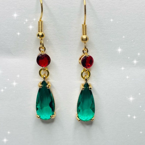 Handmade Kawaii Red Green Japanese Gem Dangle Earrings Sparkle