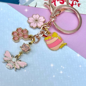 Japanese pink Sakura bee keychain , honeycomb gem cherry blossom flower, keyring, bag charm, car key decor, house gift, beelover, gym