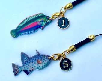 Phone rope charm, rainbow trout fish lover personalised letter dust plug, gift for dad, carp tablet laptop lanyard, purse decor, koi zen bag