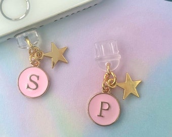 Kawaii pink initial letter phone charm, dust plug gift, earphone jack, gaming device decor, type c ,mobile smart cell bling, e book student