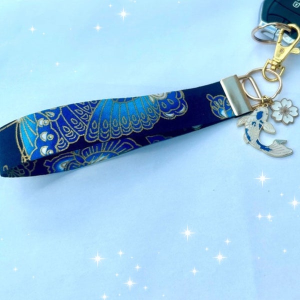 Kawaii keyfob, Japanese butterfly wristlet wave kimono ribbon style koi fish Sakura blossom charm car key lanyard wrist band phone strap