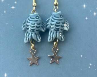 Cute Kawaii Japanese Koi Fish fan star Earrings, Lucky grey Carp bead jewellery,  zen gift, handmade fish lover, Alt money success teen uni