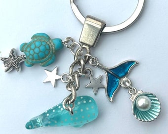 Kawaii blue whale shark keychain, mermaid star fish tail car keyring, pearl shell charm, bag laptop decor, japanese moon turtle gaming case