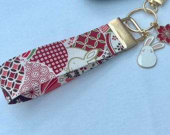 Kawaii red japanese keyfob wristlet, kimono keyring keychain, flower ribbon sakura fan charm clip, finger grab, car lanyard band rope strap