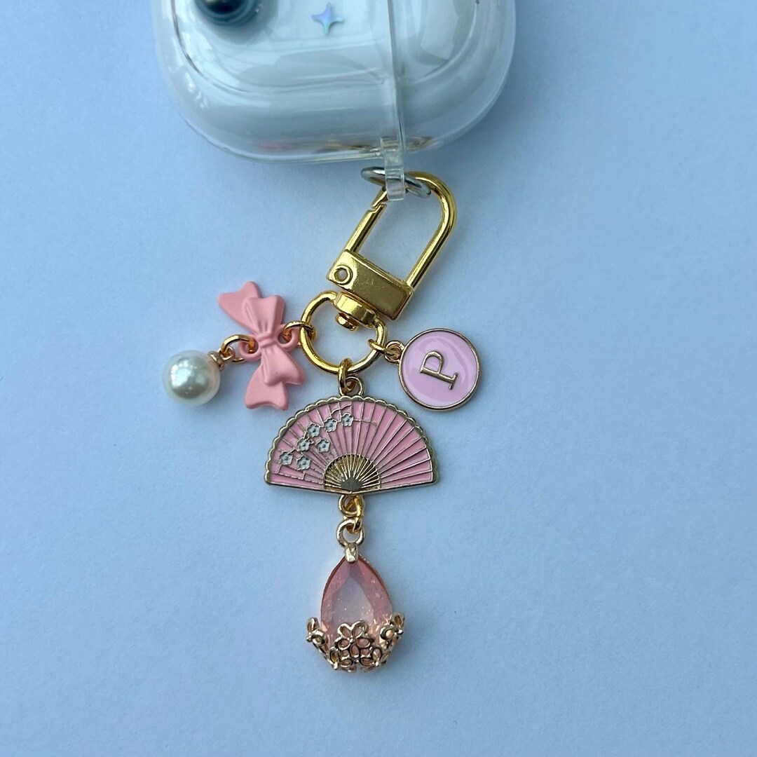 Fan Keychain Pink Japanese Fan Keychain, Personalized Initial, Pearl Bow Bag Charm ...