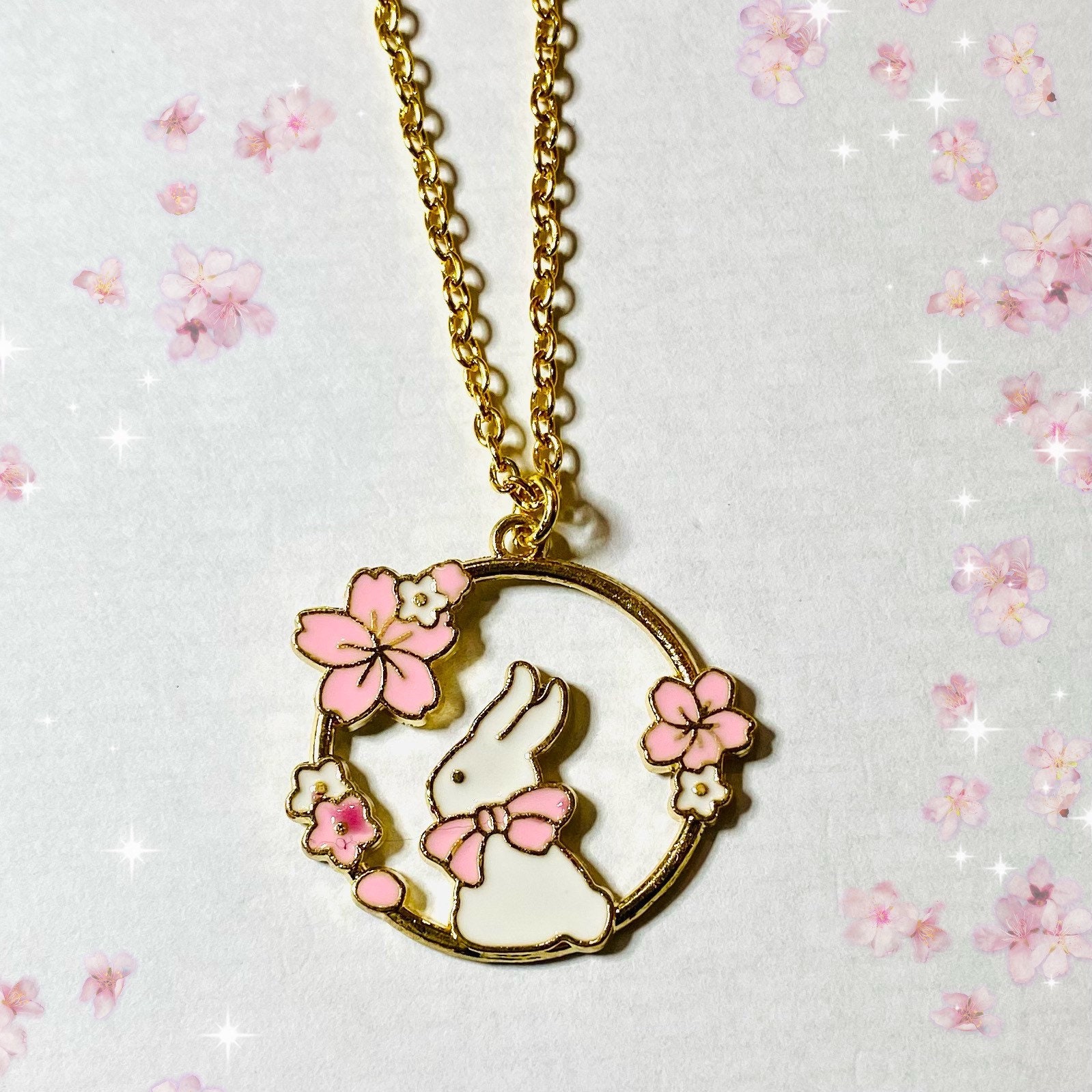 Kawaii Bunny Necklace Cherry Blossom Charm Jewellery Moon Floral