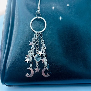 Celestial Star Moon Keychain, Silver Crystal Bag Charm