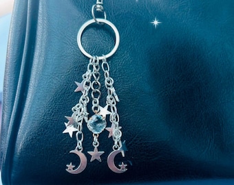 Celestial Star Moon Keychain, Silver Crystal Bag Charm