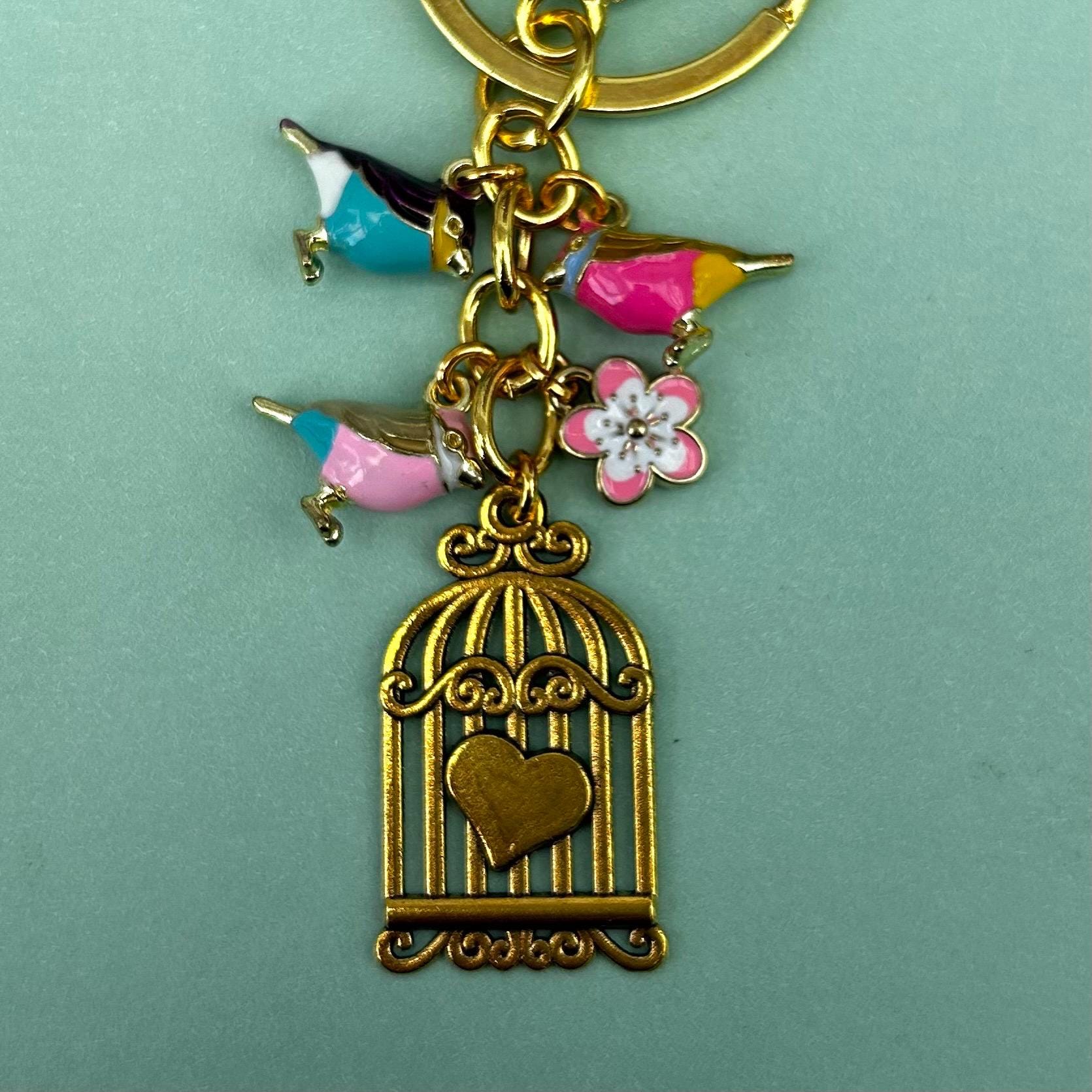Kawaii Love Bird Cage Keychain, Sakura Cherry Blossom Purse Bag Charm ...