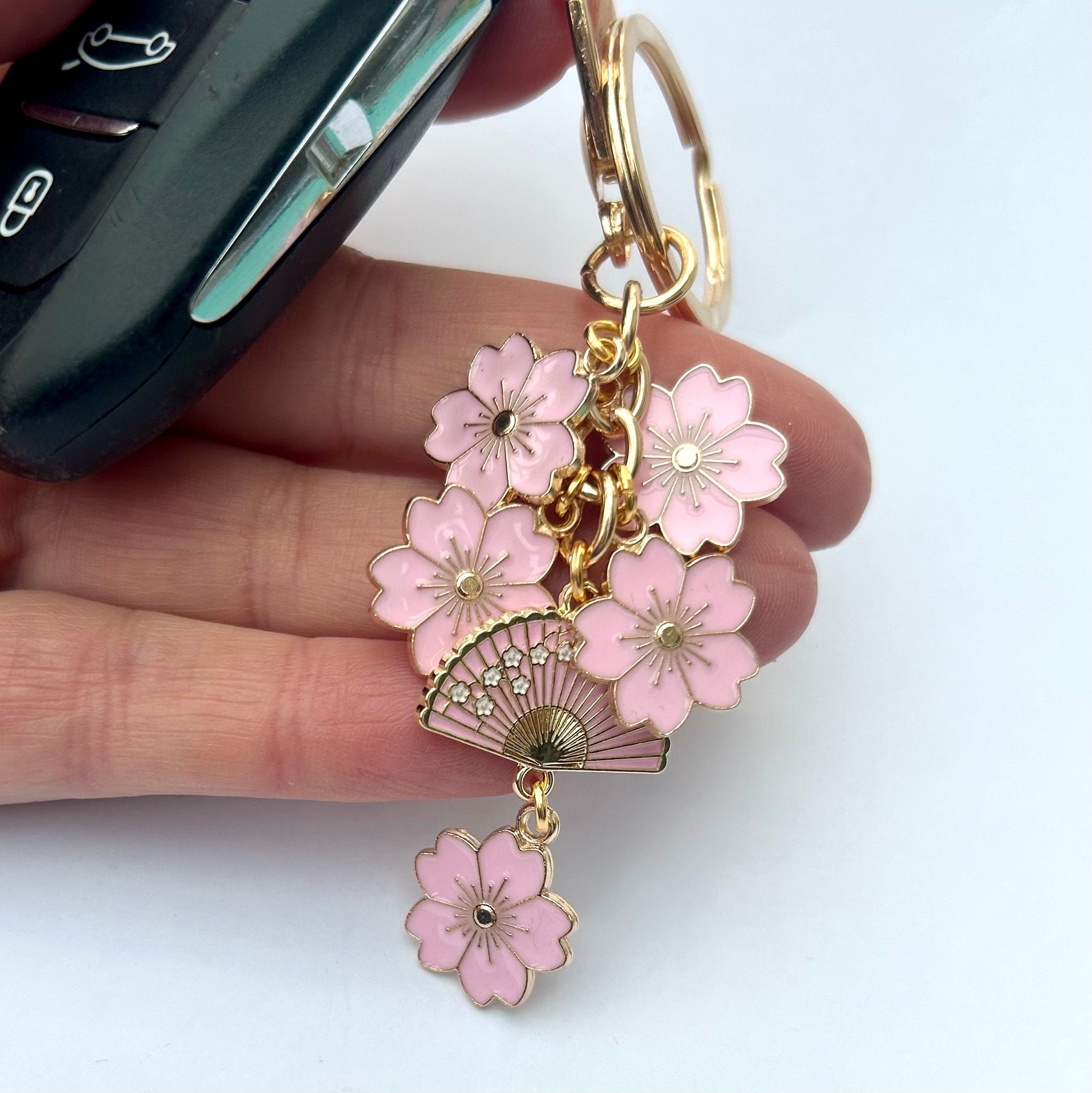Japanese Sakura Keychain, Kawaii Pink Cherry Blossom Fan Charm - Etsy