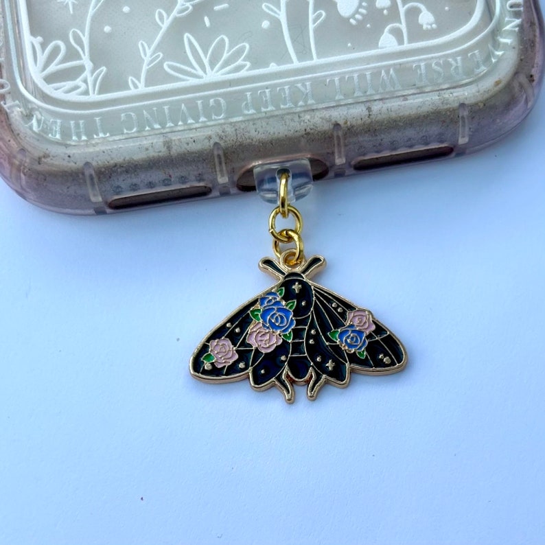 Japanese black luna moth dust plug, sakura moon cosmic butterfly phone charm, kawaii earphone jack, bug cell decor, games device, type C image 1