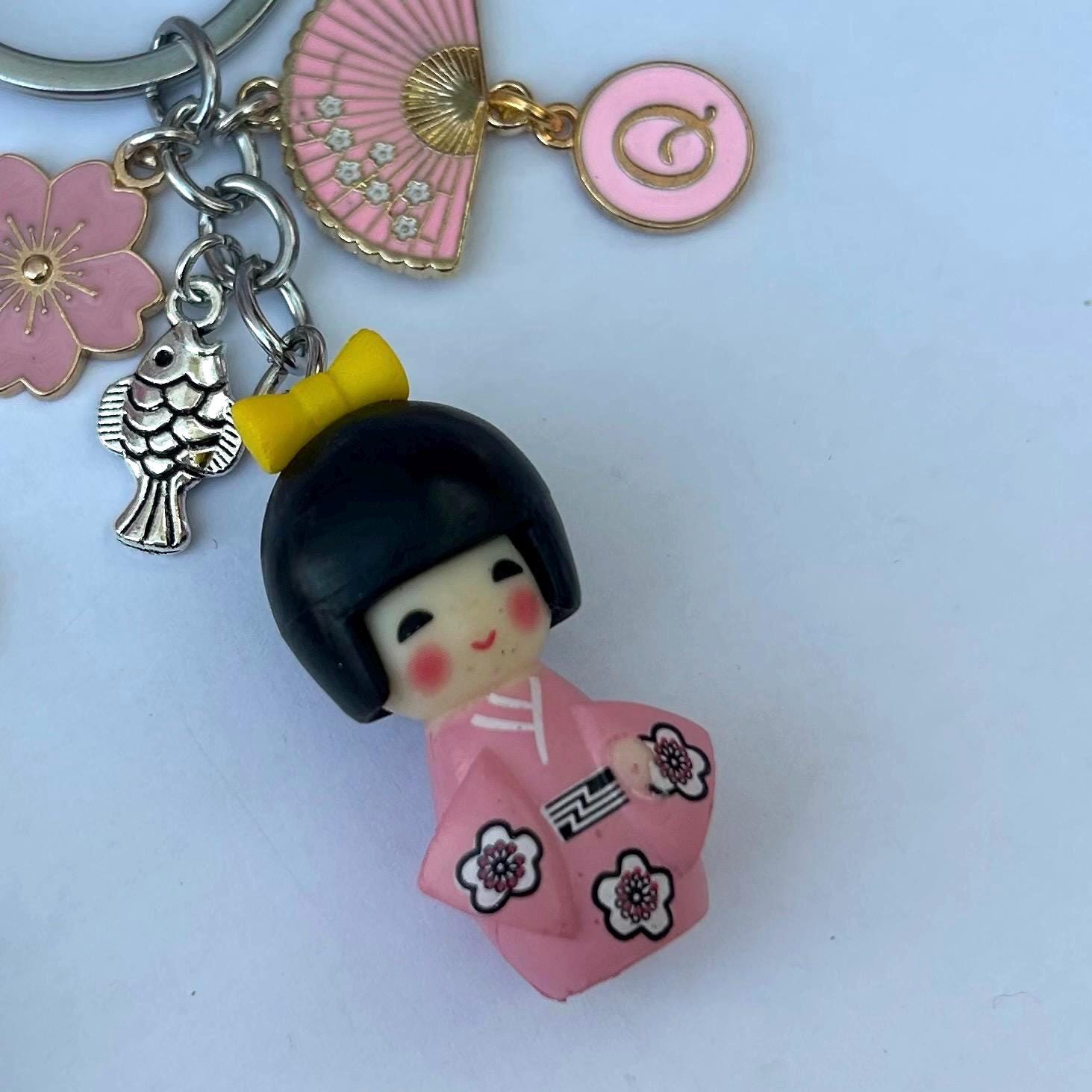 Japanese Sakura Kokeshi Keychain, Initial Letter Custom Bag Decor
