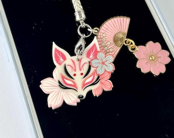 Pendentif corde pour téléphone, esprit kitsune japonais renard, éventail fleurs de cerisier, accessoire de sac sakura