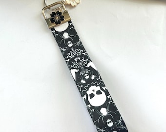 Skull goth keychain wristlet,black satin moon moth lanyard, Halloween alt witchy gift car key fob, bag no loss,wrist band strap,spooky zen