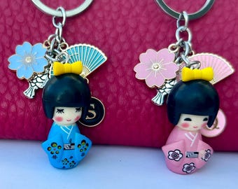 Japanese Sakura Kokeshi Keychain, Initial Letter Custom Bag Decor
