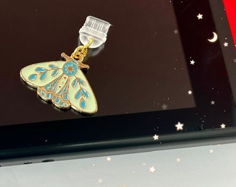 Japanese green luna moth dust plug, moon cosmic butterfly phone charm, kawaii earphone jack,  smart cell decor, mobile games device, type C