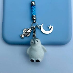 Kawaii baby penguin Phone rope Charm, Celestial Moon Star, mini  3d sea creature fluffy bag Accessory