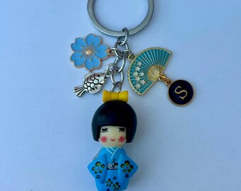 Japanese Sakura Kokeshi Keychain, Initial Letter Custom Bag Decor
