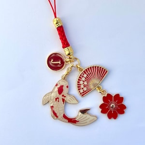 Phone charm, red koi fish fan, sakura, dust plug, smart hanger, smart phone carp tablet laptop lanyard, flower rope strap japanese blossom