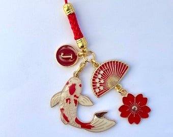 Phone charm, red koi fish fan, sakura, dust plug, smart hanger, smart phone carp tablet laptop lanyard, flower rope strap japanese blossom