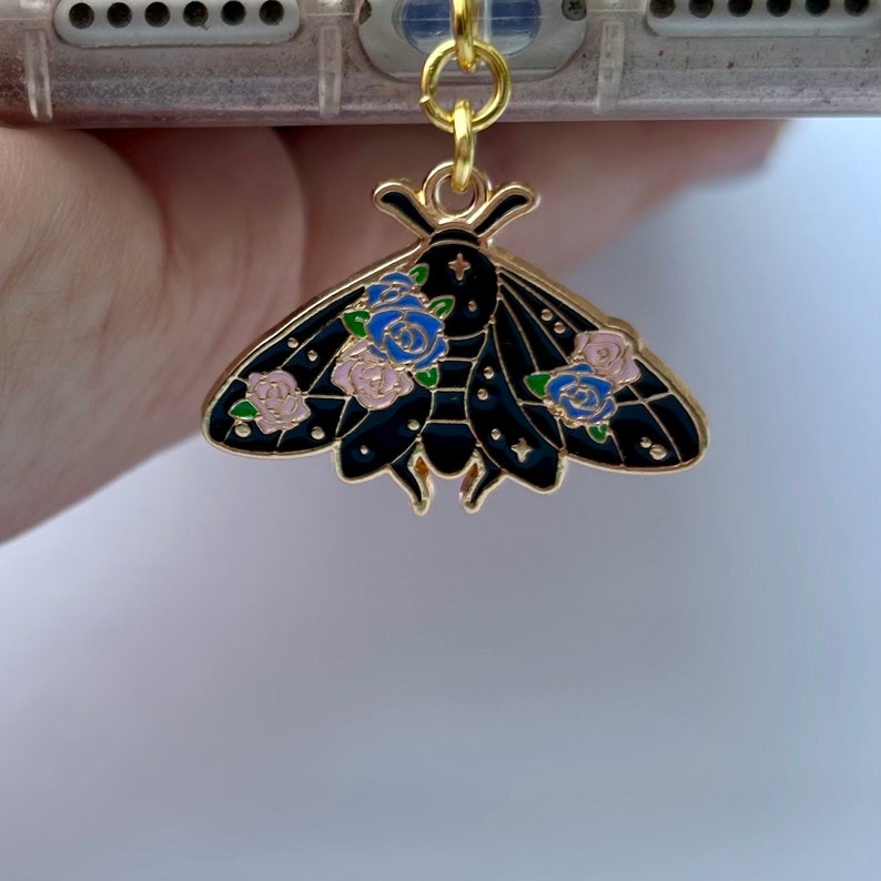 Japanese black luna moth dust plug, sakura moon cosmic butterfly phone charm, kawaii earphone jack, bug cell decor, games device, type C image 3