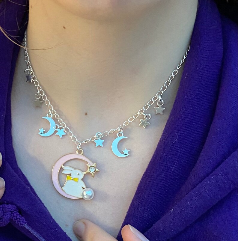 Kawaii Rabbit moon pink sailor star moon necklace with silver moon stars details anime enamel statement baby moon bunny Pearl pastel sleepy