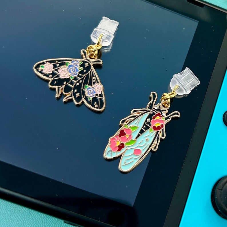 Japanese black luna moth dust plug, sakura moon cosmic butterfly phone charm, kawaii earphone jack, bug cell decor, games device, type C image 2