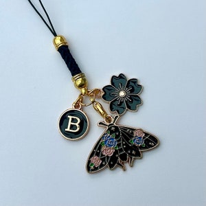 Japanese sakura black butterfly phone rope, cherry blossom luna moth, dust plug, kawaii  bag tie insect charm, cell decor, gothic alt gaming