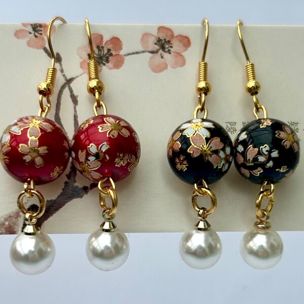 Japanese sakura glass bead earrings, geisha kawaii pearl drop mini jewellery, cherry blossom gift, teen alt floral decor, asian dangle drop