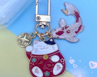 Maneki neko cat phone charm keyring, Chinese  koi fish keychain, fortune cat bag decor, phone accessory, red carp  waving car key no loss