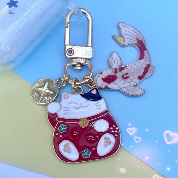 Maneki neko cat phone charm keyring, Chinese  koi fish keychain, fortune cat bag decor, phone accessory, red carp  waving car key no loss