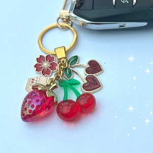 Kawaii fruity boba keychain, strawberry red cherry sakura keyring, blossom heart clip, cute bag decor, car key, no loss, teen japan gift,