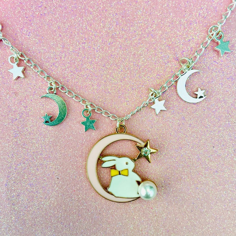 Kawaii Rabbit moon pink sailor star moon necklace with silver moon stars details anime enamel statement baby moon bunny Pearl pastel sleepy
