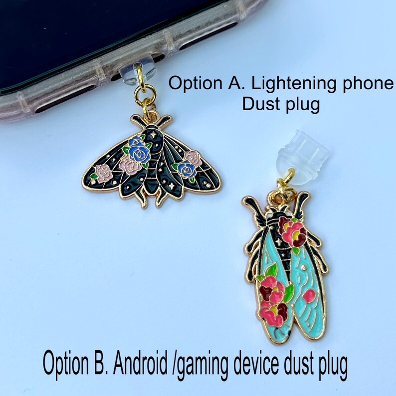 Japanese black luna moth dust plug, sakura moon cosmic butterfly phone charm, kawaii earphone jack, bug cell decor, games device, type C image 9