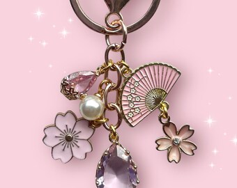 Sakura Keychain, Pink Gem Fan, Kawaii Cherry Blossom Charm