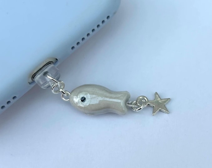 Kawaii grey fish phone charm dust plug, marine laptop gaming decor,underwater, audio headphone jack bookish gift type c zen