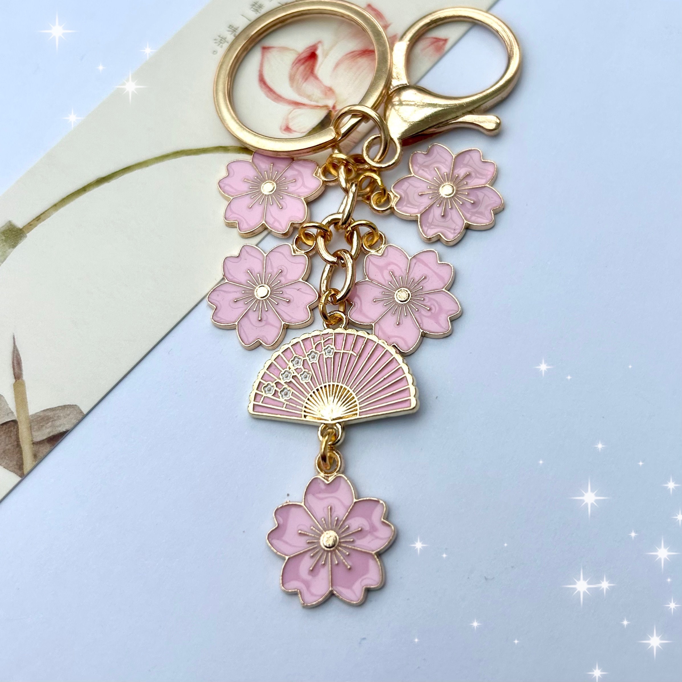Japanese Sakura Keychain, Kawaii Pink Cherry Blossom Fan Charm - Etsy