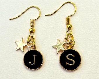 Kawaii black initial letter star Earrings, personalised monogram jewellery, emo goth, custom gold disc punk alt, teen gift bff bling unisex