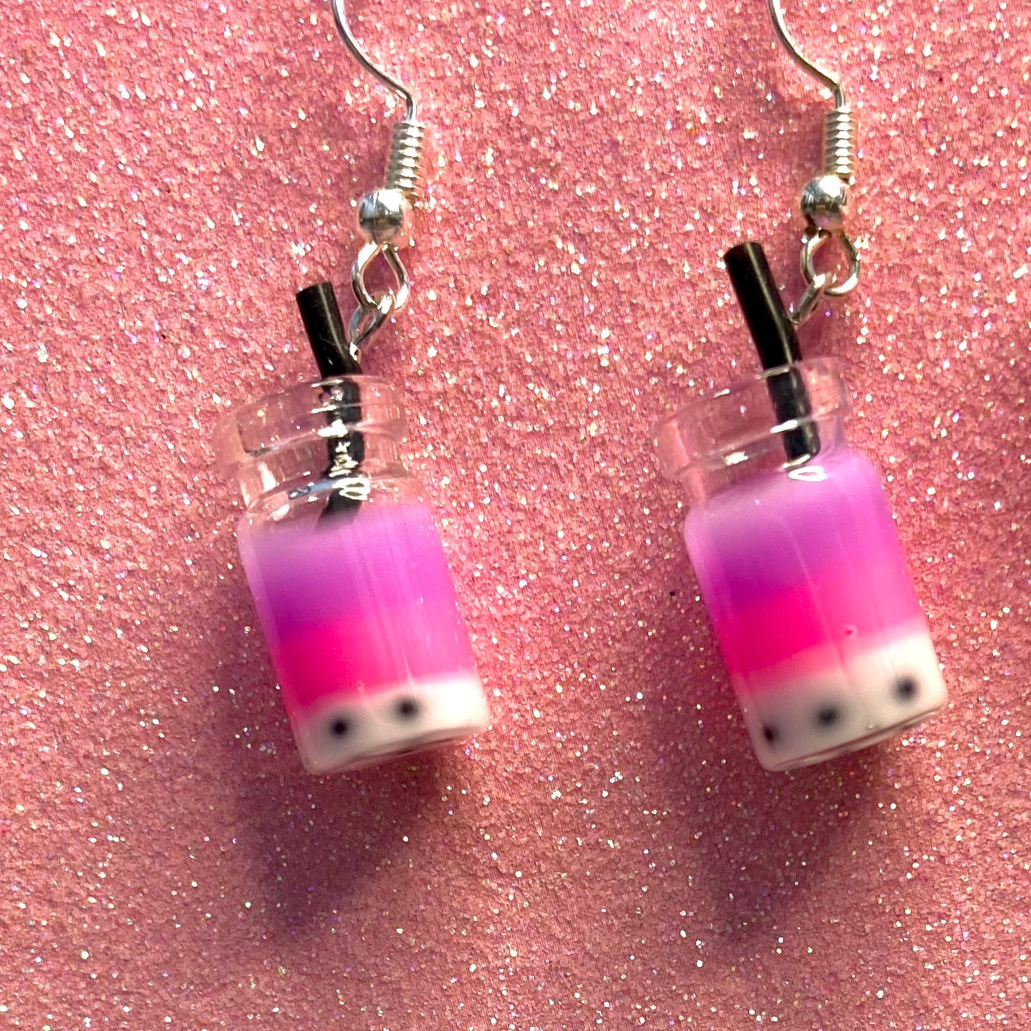 Pink stripy boba bubbletea earrings hobi kawaii Japanese Etsy