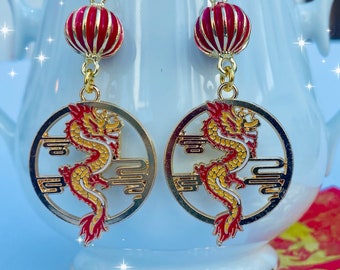 chinese red dragon earrings, red lantern, kawaii dangle earrings, lunar new year, oriental jewellery, koi, drop earrings, dragon lantern ear