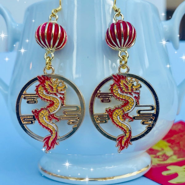 chinese red dragon earrings, red lantern, kawaii dangle earrings, lunar new year, oriental jewellery, koi, drop earrings, dragon lantern ear