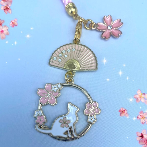 Charme de téléphone japonais corde rose fan lune chat, bouchon anti-poussière Sakura, cintre intelligent, lanière de téléphone portable fleur de cerisier kawaii, cadeau anime