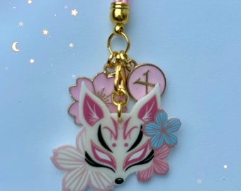 Pink kitsune fox phone rope charm, cosmic sakura red moon dust plug rope, smart laptop lanyard, flower strap japanese blossom, bag uni yoga
