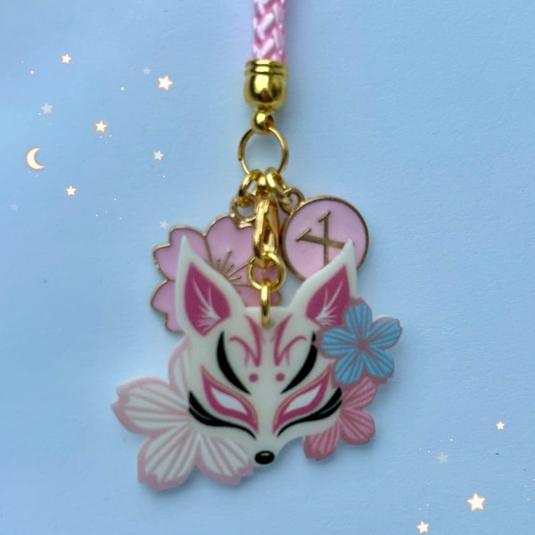 Pink kitsune fox phone rope charm, cosmic sakura red moon dust plug rope, smart laptop lanyard, flower strap japanese blossom, bag uni yoga