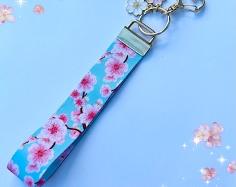 Kawaii Japanese keyfob, cherry blossom, wrist strap, keyring keychain kimono style ribbon bag, sakura band, house car keys rope wristlet