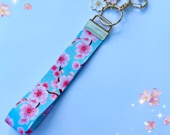 Sakura Wristlet Keychain, Japanese Cherry Blossom Key Fob with Charm