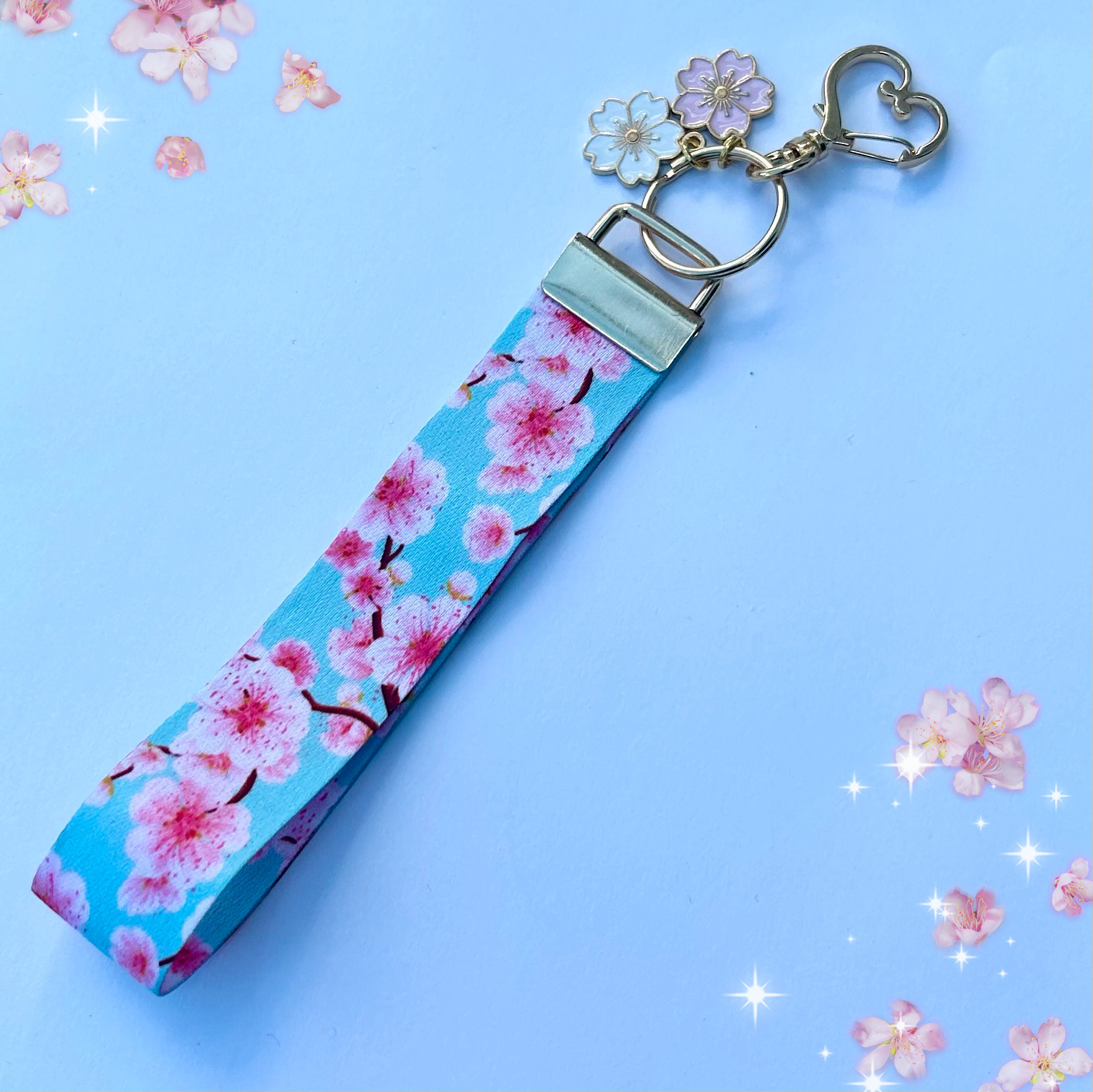 JennySparklesStore Kawaii Japanese Keyfob, Cherry Blossom, Wrist Strap, Keyring Keychain Kimono Style Ribbon Bag, Sakura Band, House Car Keys Rope Wristlet